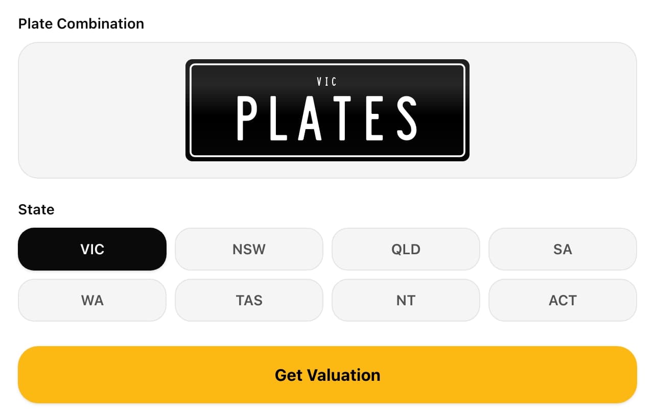 AusPlates AI valuation tool showing a PLATES VIC plate input